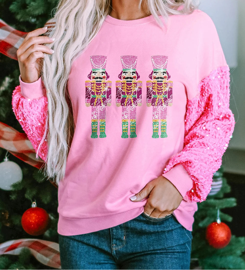 Pink Christmas Nutcracker Graphic Sequin Sleeve Sweatshirt