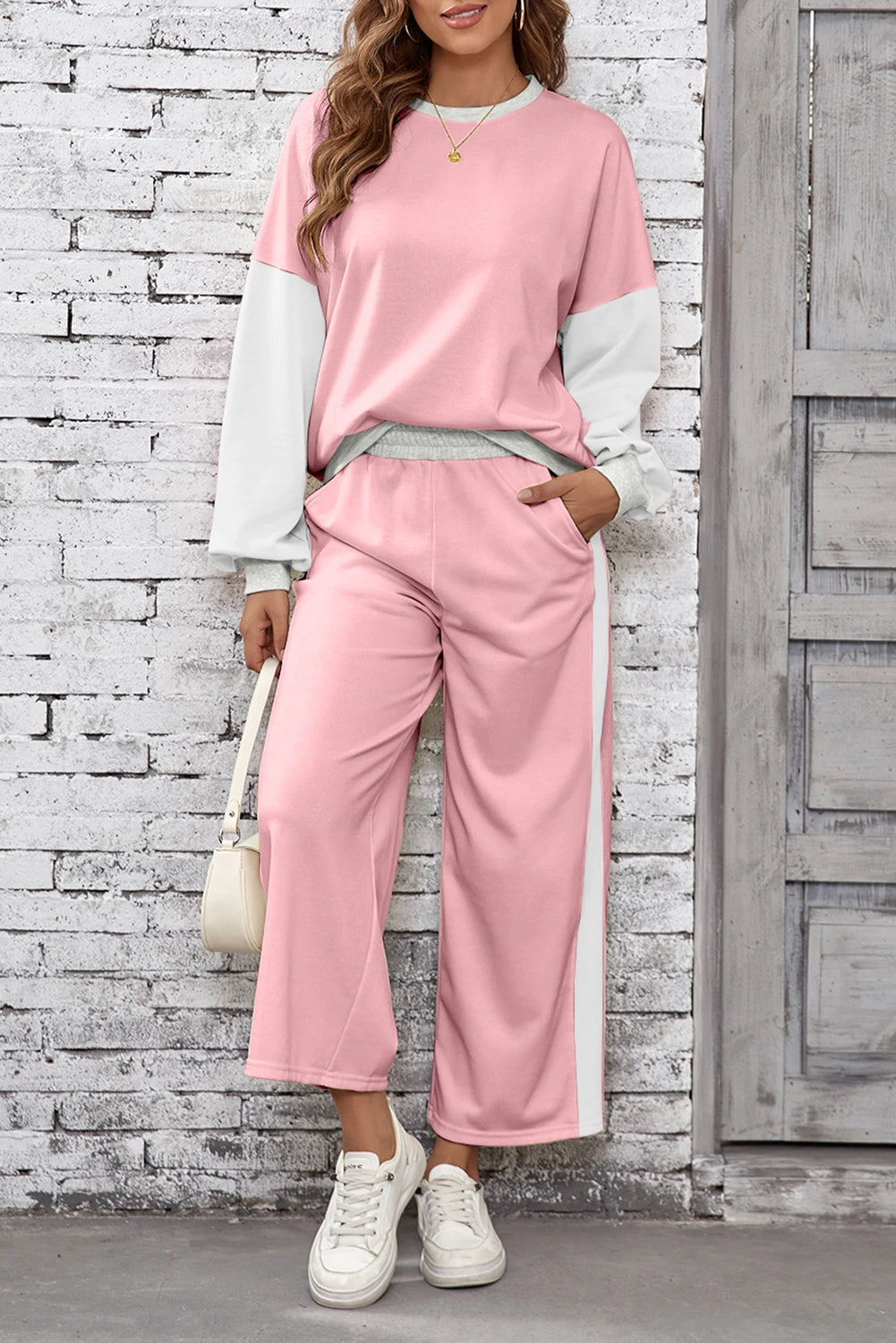 Light Pink 2pcs Color Block Pullover Loose Pant Set