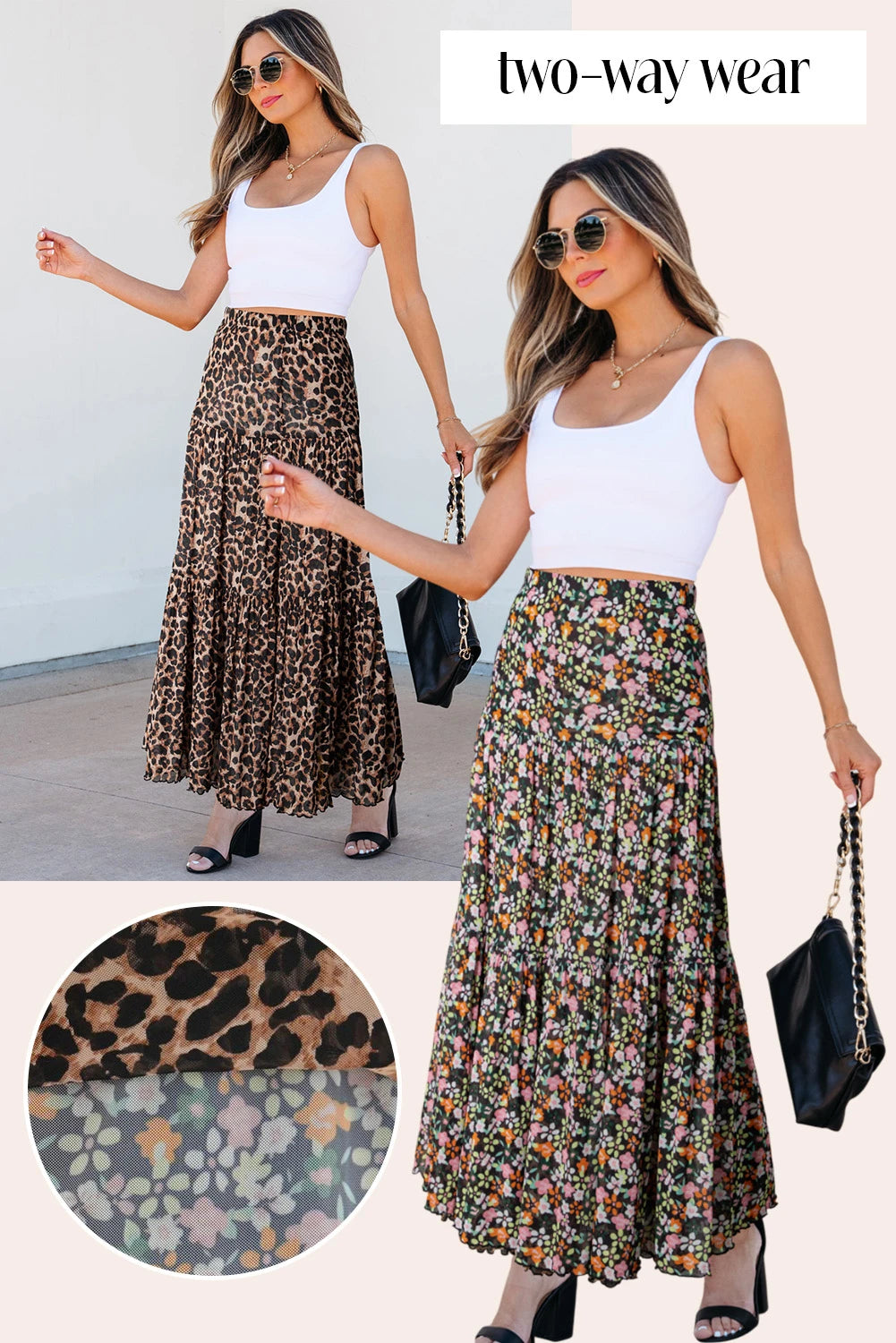 Brown Leopard Floral Reversible Ruffle Hem Maxi Skirt