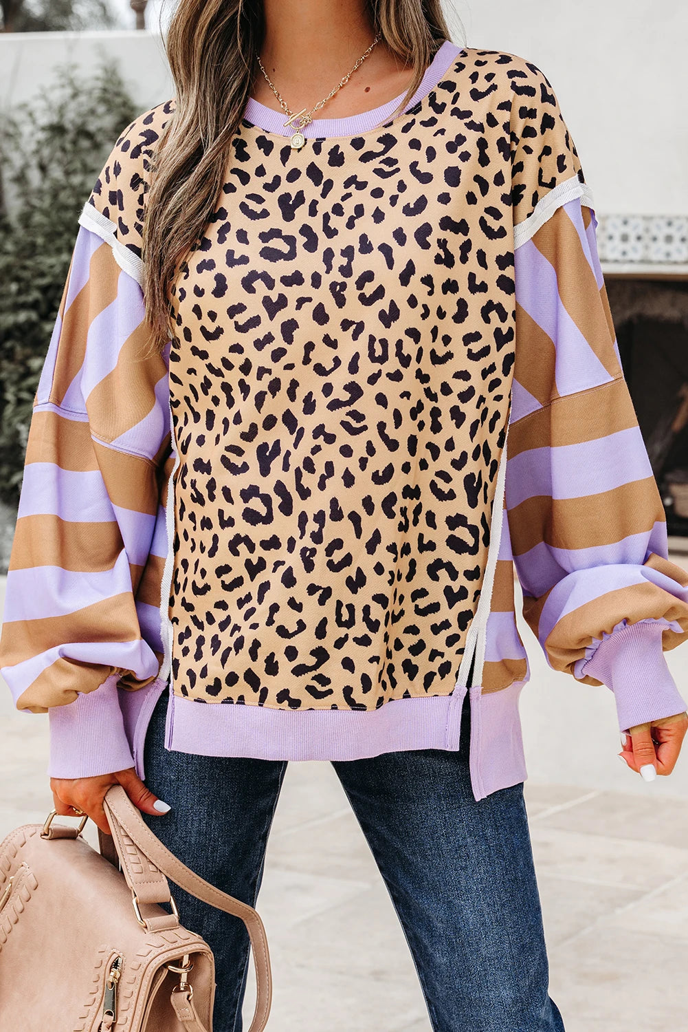 Purple Stripe Color Block Patchwork Leopard Casual Sweatshirt with Slits