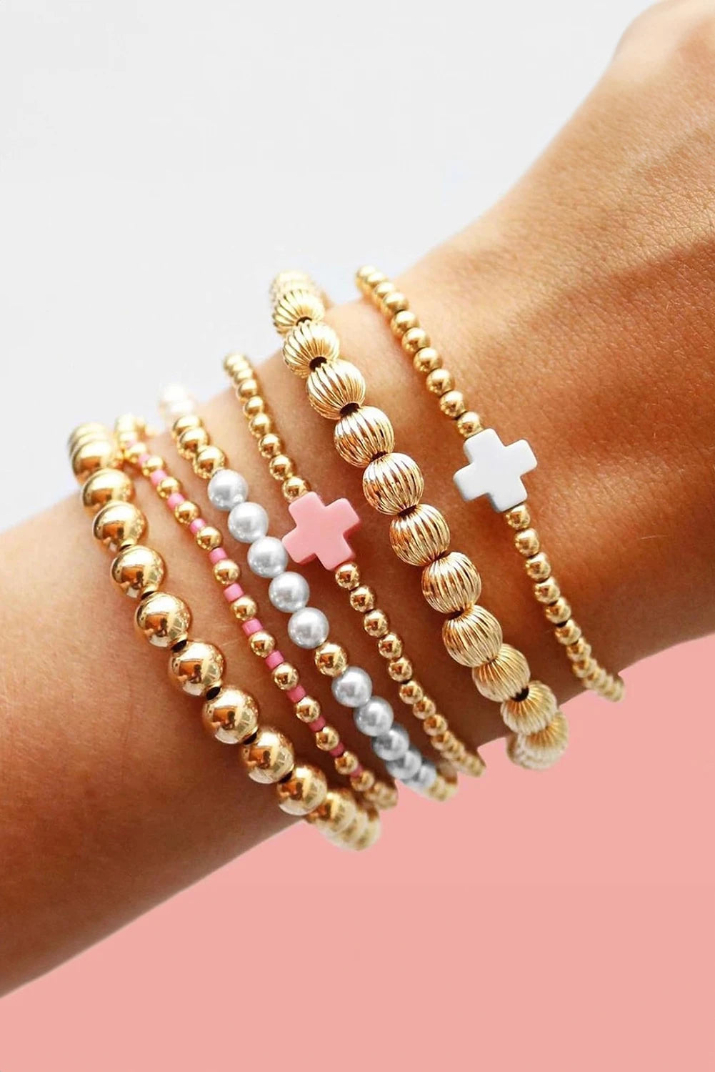 Gold Plated Beading Pearl Cross Decor Multilayer Bracelet Set