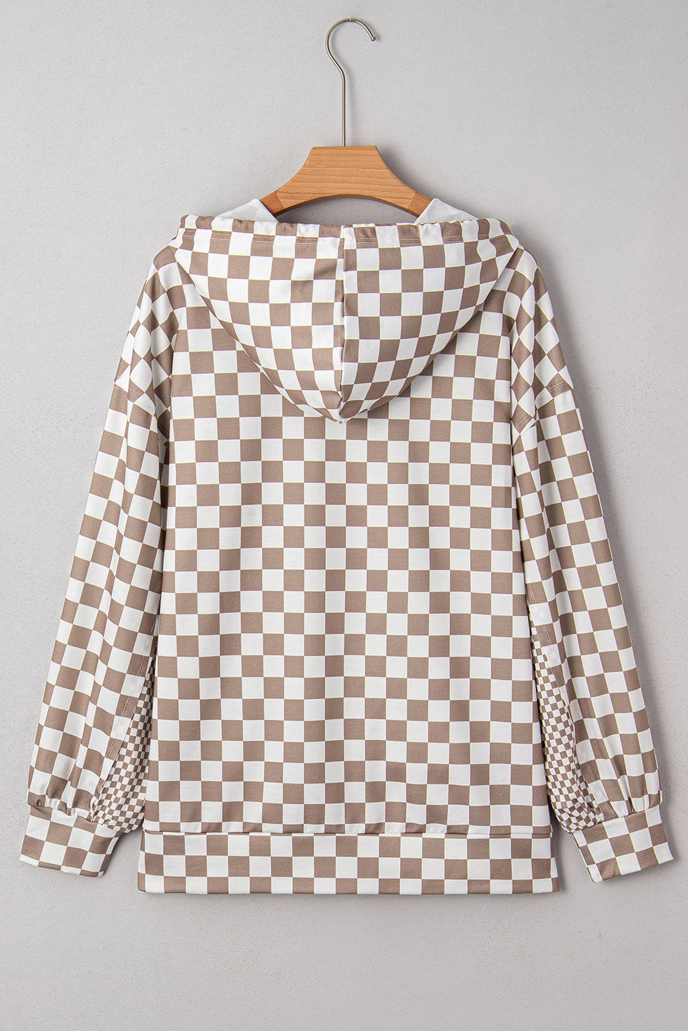 Khaki Double Checkered Patchwork Tie Neck Oversize Hoodie