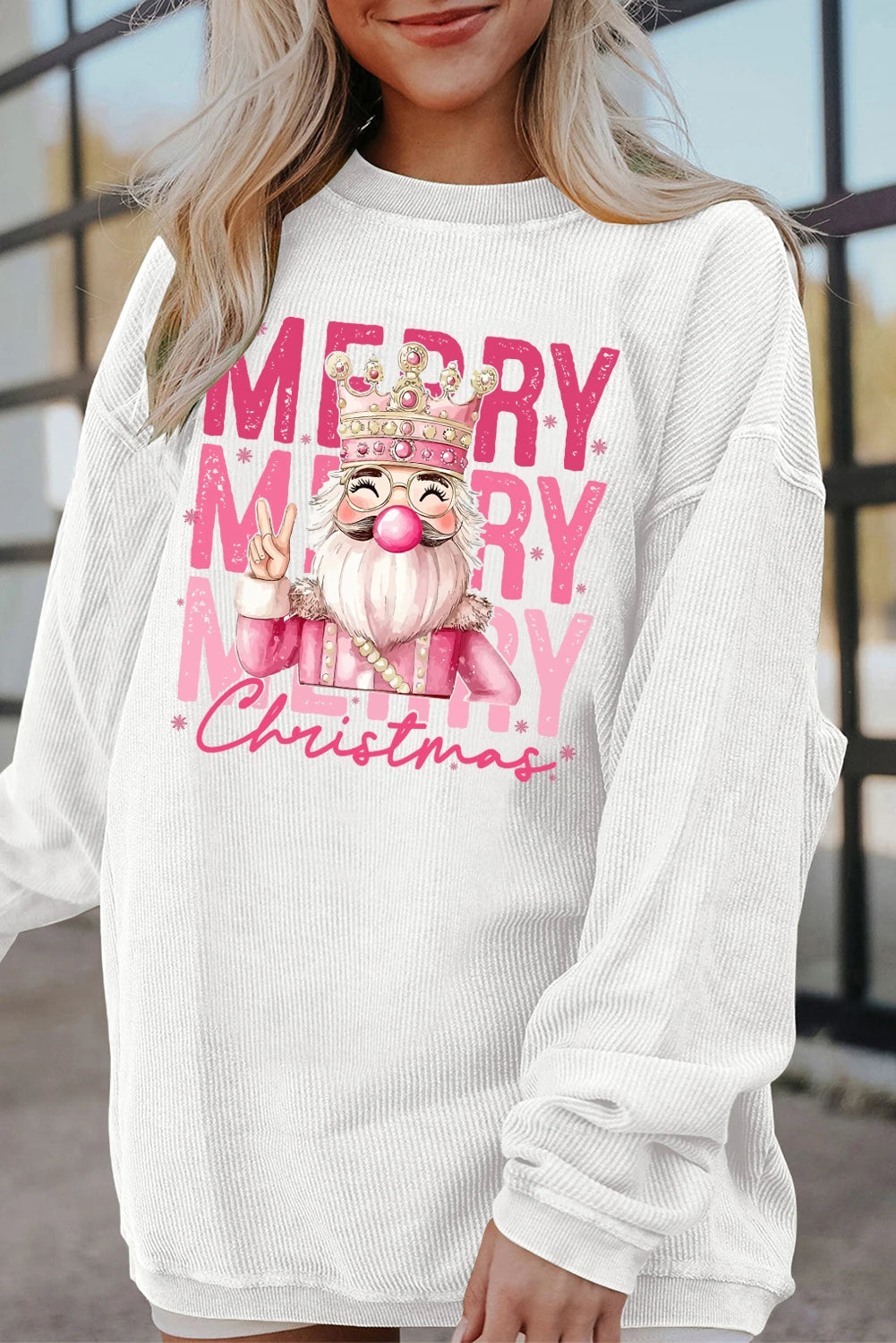 White Twisted Ribbed Merry Christmas Nutcracker King Printed Sweatshirt
