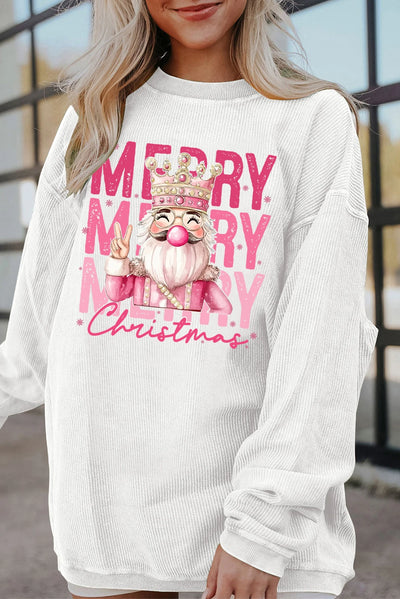 White Twisted Ribbed Merry Christmas Nutcracker King Printed Sweatshirt