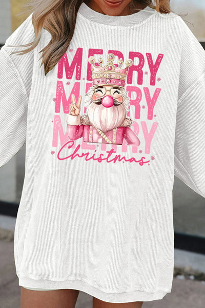 White Twisted Ribbed Merry Christmas Nutcracker King Printed Sweatshirt